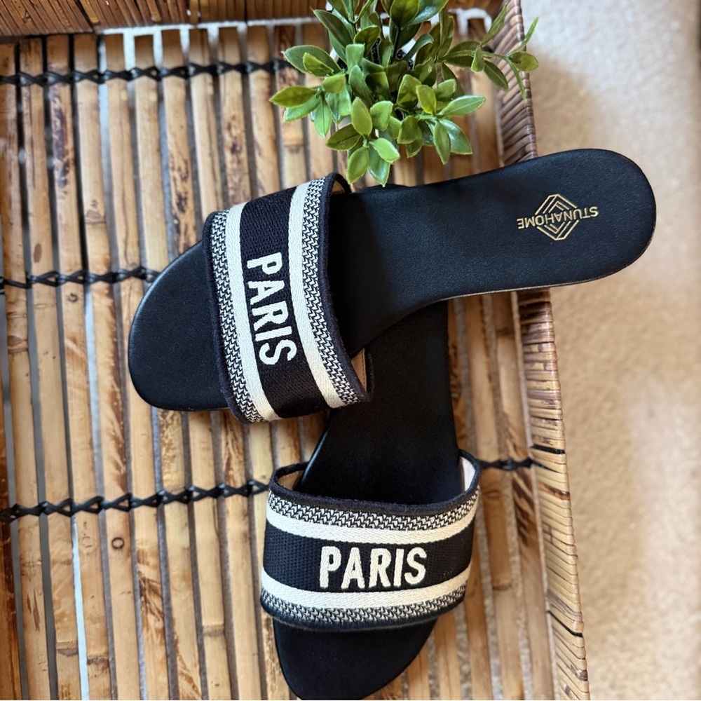 Black & Cream Woven Strap Paris Summer Flats Slides Round Toe BRAND NEW Sz 10 - Picture 10 of 11